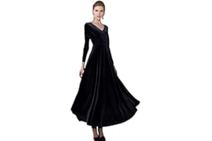 Urban GoCo Mujeres Vestidos Terciopelo Largo Elegante V-Cuello Manga Larga Maxi Vestidos para Cóctel Fiesta