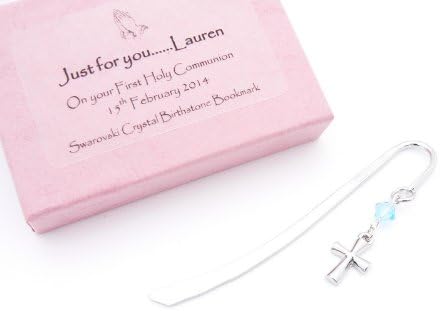 Holy Communion Gift Bookmark - Birthstone Crystal - Personalised Box (Aquamarine - March Birthstone)