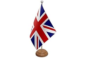 UKFLAGSHOP 9" x 6" Union Jack United Kingdom Great Britain Large Desktop Table Flag With Wooden Base & Pole Ideal For Party Conferences Office Display