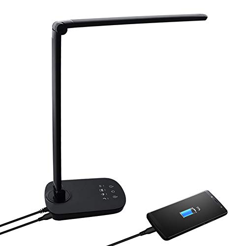 Preisvergleich Produktbild Crypto DLB100 LED Schreibtischlampe 8W 500LM, Berührungssteuerung, 4 Farbstufen, stufenloses Dimmen, Setup-Speicher, USB, Aluminium, verstellbarer Arm, Augenschutz [Energieklasse A bis A ++] Schwarz