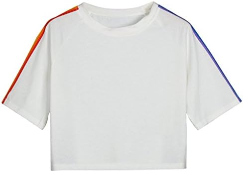 Women Summer Top, Hmeng Ladies Girls Fashion Cute Rainbow Stripe T Shirt Casual Short Sleeve Crop Tops Summer Round Neck Tee Blouse (White, L)