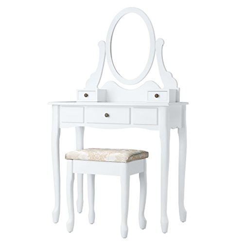 LANGRIA Coiffeuse Table Maquillage Miroir Ovale Pivotant 3 Tiroirs Tabouret Rembourré Meuble Classique Vintage Style Anglais Queen Anne (80 x 40 x 137 cm, Modèle LRDT-001WT, Blanc)