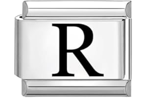 Quiges - Modulo Charm Link in stile italiano da 9 mm in acciaio inox lettera laser R per bracciali in stile Italian Links