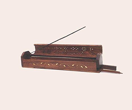 Hoja - de madera maciza de madera de incienso Joss Incienso Caja de almacenaje con construido en atrapador de cenizas y cono quemador por Bramble & Jones