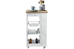 Phoenix Nizza Carrello da portata con 1 cassetto, 1 cestino in metallo, 1 ripiano e 1 portabottiglie, piano di lavoro in bambù, ruote in plastica, laccato bianco