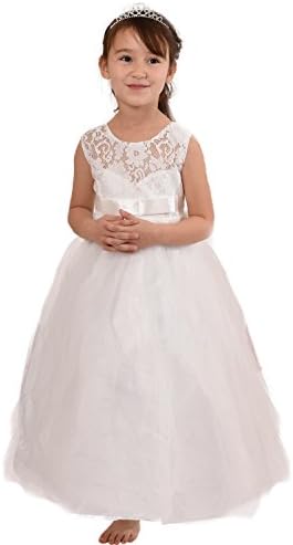 Girls High-Waist Long Dress Tiara included With Lace Flower Perfect or Bridesmaid Party Princess Prom Wedding Christening 5-10 Years (White, 9-10 Years)