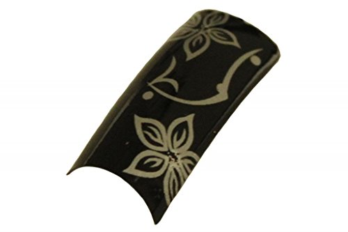 Effect Beauty 100pcs Black Base Silver Flower Acrylic Pre-Designed Nail Tips With Storage Box - Tip Sizes 1-10