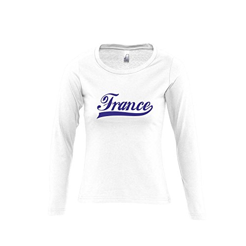 Frankreich Oldschool France LÄNDERSHIRT EM / WM FAN Trikot – Damen Langarm Longsleeve T-Shirt S-XL , White – blau , M
