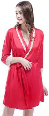 PPOJAS Women'S Home Wear Bathrobe + Nightdress Two Piece Robe &amp; Gown Sets Pyjamas Female Lace Satin Evening Pijamas,Red Set,Xxl