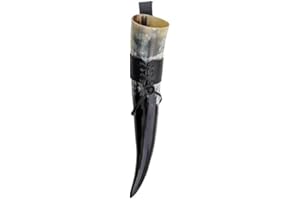VORAGA T05H Vikingo, 0,5 l, con Soporte para cinturón de Piel Medieval auténtico, Beber, Cuerno de meterno, Larp, Negro-Blanco