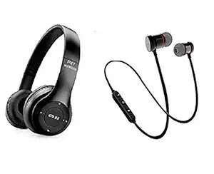 ROCK LYFE P47 Wireless Bluetooth Headphones 5.0+EDR with Volume Control, HD Sound and Bass, Mic, SD Card Slot and (Black) & Magnet Bluetooth Headsets (Black) Combo COD PUBG Free FAIR