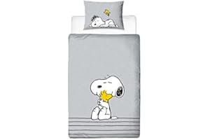 Character World Peanuts Snoopy pojedyncza poszewka na kołdrę, oficjalnie licencjonowana | dwustronny dwustronny wzór drzemki z pasującą poszewką na poduszkę, bawełna poliestrowa, szara