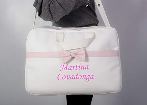 danielstore - Borsa personalizzata per bebè, passeggino, gemellare con nomi ricamati. + Confezione regalo con due bavaglini. Borsa bianco rosa