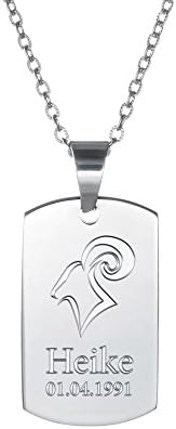 Necklace With Pendant – Zodiac Sign – Aries – Dog Tag Pendant With Engraving – Stainless Steel – Personalised Jewellery With Star Sign, Name and Date – Jewellery Gifts For Men and Women