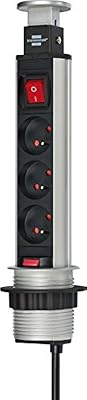 Brennenstuhl Bloc multiprise escamotable & encastrable avec interrupteur, socle 3 prises avec câble H05VV-F 3G1,5 (1,5 m), alu/noir, Quantité : 1