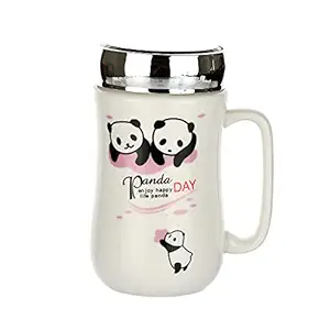 SATYAM KRAFT Panda Ceramic Coffee Mug with Happy Diwali Card and Glass Mirror Lid - 1 Piece, White, 400 ml
