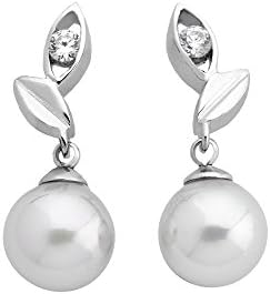 Short post earrings on sterling silver rhodium-plated, 8mm round white pearls and zircons