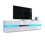 Vladon TV Unit Cabinet Flow, Carcass in White matt/Front in White High Gloss with LED Lights