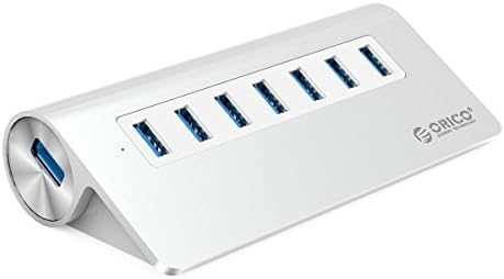 ORICO UK Aluminum 7 Port Super Speed USB3.0 Hub with 24W(12V/2A) Power Adapter and 3.3Ft. USB3.0 Cable Cord for iMac MacBook PC Laptop [M3H7] Silver