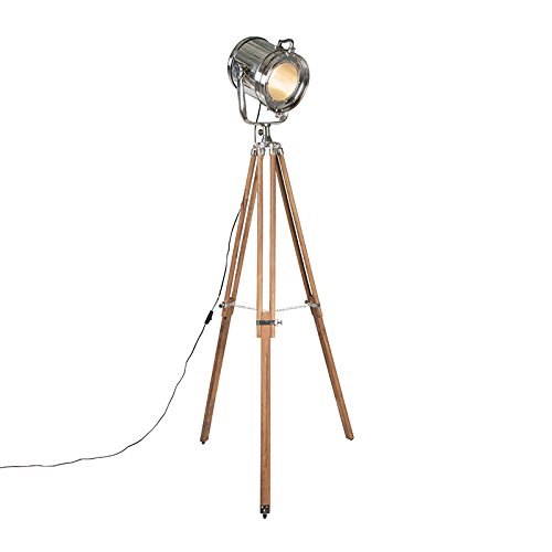 Preisvergleich Produktbild QAZQA Design / Industrie / Modern / Stehleuchte / Stehlampe / Standleuchte / Lampe / Leuchte Tripod Lampe / Dreifuss Konstruktion chrom mit Holz Glas / / Metall / Rund / Andere / LED geeignet E27 Max. 1 x 60 Watt
