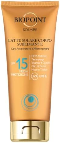 Biopoint Solaire - Latte Solare Corpo Sublimante con Acceleratore di Abbronzatura, Dona una Pelle Dorata e Luminosa, SPF 15, 200 ml