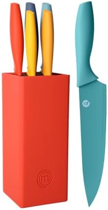 MasterChef Set Coltelli da Cucina con Ceppo Universale, Portacoltelli con Lama Affilato per Pane, Carne, Verdure e altro, Acciaio Inox, Prova di Calore, Manici Multicolori, 5 Pezzi