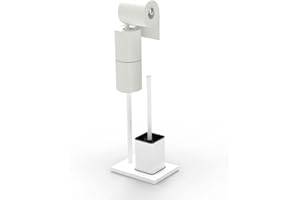 YUET Porte Papier Toilette sur Pied avec Brosse - Support Rouleau WC avec Réserve en Acier Inoxydable, Dérouleur Papier sans Perçage pour Salle de Bain (Blanc)