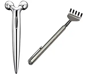 Woogor 3D Manual Roller Facial Massager Face-lift for Relaxation and Wrinkle Remover Skin Tightening Tool With Back Body Itch Scratcher for Khujli Massage Stainless Steel Pen Shaped Telescopic Back Body Itch Scratcher