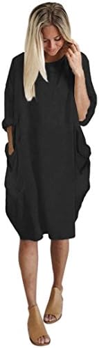 Long Tops Dress, New Womens Fashion Plain Loose Dress Shirt Blouse With Pocket Ladies Crew Neck Casual Long Tops Dress Plus Size (Black, XL)