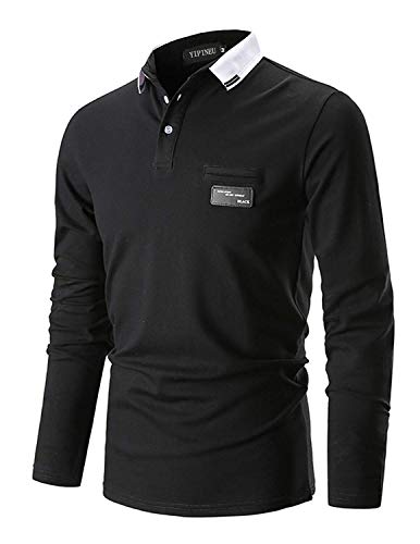 YIPIN Hombre Casual Polo Manga Larga Camisetas Contraste Cuello Camisas Casual T-Shirt Poloshirt Elegante Golf Tennis Clásico Oficina,Negro,M