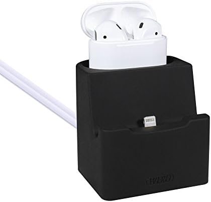 AirPods Charging Stand 2x Lightning Charging Cables, WERO 2 in 1 [AirPods and iPhone Charger Dock] Charging Docking Station Cradle Holder for Apple AirPods, iPhone X /8/ 8plus/7/7plus/6s/6s Plus/SE/5S/5, iPad mini 4 (Black Stand with Charging Cables)