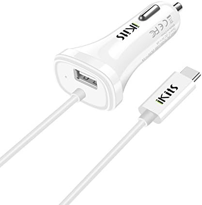 USB C Car Charger, iKits Dual Port Fast Type C Car Charger Cigarette Charger, 3A USB C Cable Compatible Samsung S9/S8, Nexus 6P, 5X, Pixel/ Pixel XL, LG G5, IMacbook, USB-A Port for iPhone X/8/Plus, iPad Pro/Air and More (White)