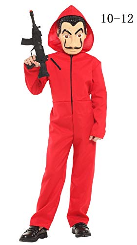 KRAZY TOYS Disfraz de La casa de Papel Ladrón - Disfraces Carnaval Halloween Niños. Incluye un Traje con Capucha y una Dali máscara (10-12)