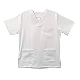 Uniforme unisex compuesto por casaca de manga corta con cuello a V , bolsillo para bolígrafos y bolsillos frontales.