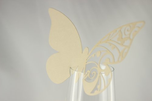 Elfenstall Namenskärtchen / Platzkarte / Namensschild / Sitzkarte / Namenskarte / Tischkarte / Tischkärtchen für Hochzeiten Feste oder Partys “ Design Schmetterlinge “ 10 Stück für das Trink- oder Sektglas in der Farbe (creme / ivory) - 2