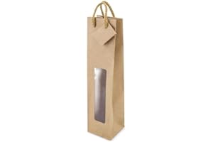 PUBLIMER Lote Bolsas para Botellas de Vino. Bolsas Regalo Vino. Bolsa con Ventana y Etiqueta. Cordon grueso. Embalaje Kraft Vino (38 x 9 cm) (100)