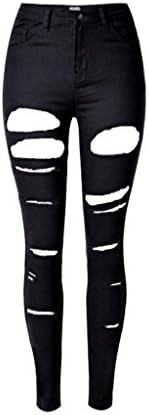 Wgwioo Women Jeans Disco Skinny Denim Stretchy Slim Pencil Trouser Zipper Leggings Personality High Waist Slim Stretch Irregular Holes Pocket Pants . Black . 36