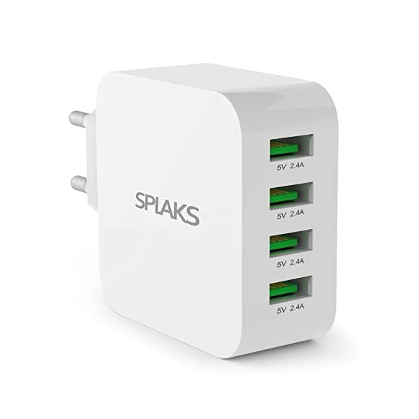 Splaks USB Ladegerät 4-Port 40W 5V/8A Wall Charger Netzteil Schnell Aufladen für iPhone 6/7/8/Plus/X/Xs/Xs Max/XR/11, iPad, Galaxy S7/Edge/8/9/Plus Bluetooth/Tragbare Geräte