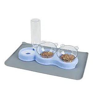 IFOUG Blue Triple Cat Bowls with Waterproof Mat, Plastic 15?Tilted Raised Cat Food Dishes, Automatic Water Bottle, Pet Feeder Food and Water Bowls, Wet and Dry Food Bowl Set for Cats and Small Dogs