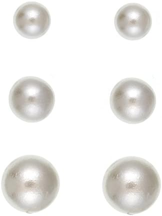Set of 3 Simulated White Pearl Stud Earrings/Ear Studs Set - 4MM, 5MM & 6MM - 925 Sterling Silver