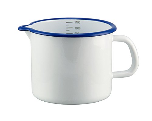 Münder Emaille - Milchtopf, Schnabeltopf aus Emaille - 1 Liter - Farbe: Weiß mit blauem Rand