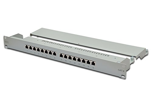 DIGITUS Cat.6 Klasse E Patch Panel, geschirmt, 16-Port RJ45, LSA(+), 8P8C, 1HE, 483 mm (19") Rack Mount, Farbe Grau RAL 7035