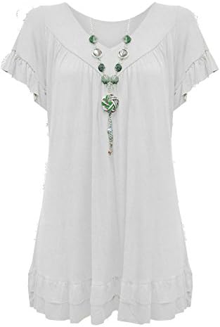 Womens Ladies Plus Size Frill Necklace Gypsy Ladies Tunic Short Sleeve Long V Neck Tops (12-22) (UK SIZE 12-14, white )