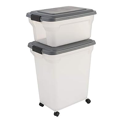 Iris Ohyama, Lot de 2 boîtes à croquettes / boîtes alimentaires hermétiques - Air Tight Food Container - ATS-C, plastique, gris/transparent, 20 L & 45 L, 7,5 & 15 kg, 46 x 34 x 73,5 cm
