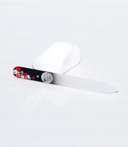 Small glass nail file with Swarovski crystals Black / Red in black velvet sleeve