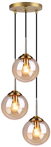 OOFAY LIGHT Industrial Retro Loft - Lampadario a Sospensione in Ottone con Paralume a Sfera in Vetro (Ambra, 3 Vie)