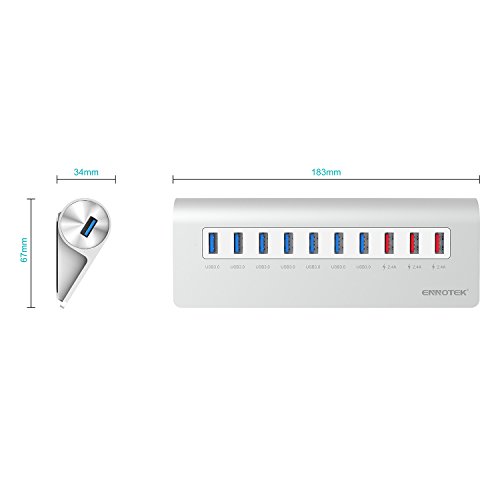 Ennotek® Aluminium USB 3.0 Hub 7 Datenports mit 3 x 2.4A Ladeports für iPhone, iPad, Samsung, Nexus, LG, und weitere – 12V / 5A Netzteil - 7