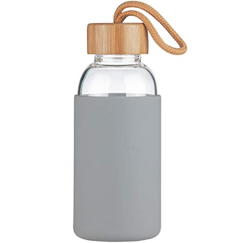 Justfwater Botella de Agua de Vidrio de Borosilicato Deportivo con Funda de Silicona y Tapa de Bambú a Prueba de Fugas 350ml