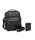 Material: bolso y cartera de piel auténtica. Color negro. Tamaño mediano de 25x7x20cm. Gran capacidad para guardar Ipad, Kindle, libros....Tiene una bandolera resistente y extensible hasta 135cm de largo. El bolso es bastante ligero.