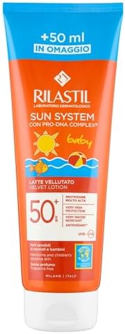 Rilastil Sun System Baby Latte Velluto, Protezione Solare Viso e Corpo con SPF50+, Per Pelli Sensibili di Neonati e Bambini, Resistente all'Acqua, 250 ml